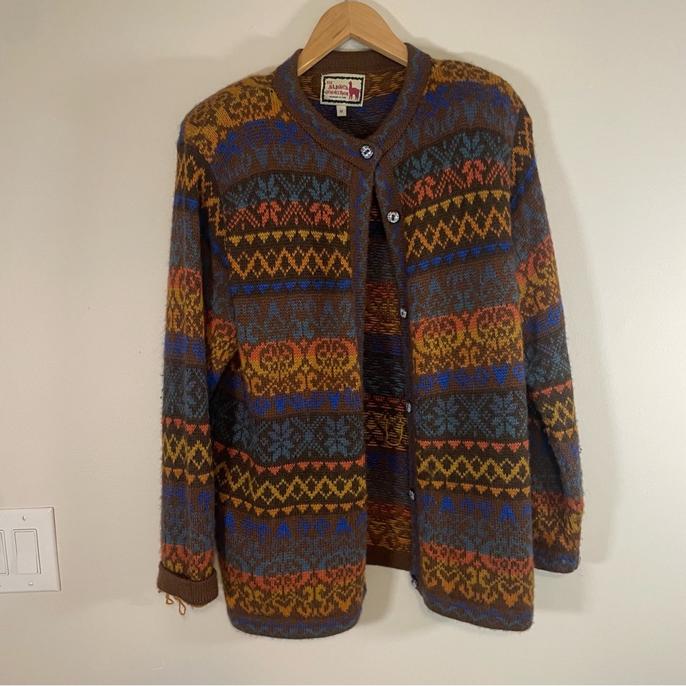 The Alpaca Connection Vintage Peru  Tribal Print Alpaca Wool Cardigan Size M